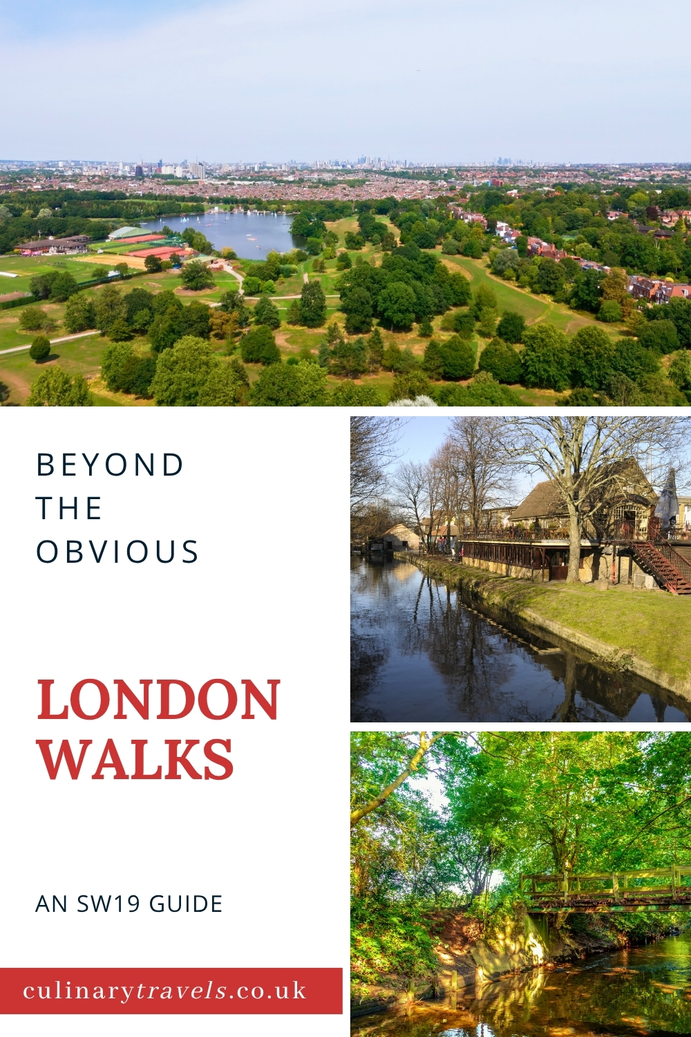 Pinterest pin graphic for London walks beyond the obvious, showing Wimbledon Park, Merton Abbey Mills and a leafy brook path, with text reading &ldquo;An SW19 Guide&rdquo;.